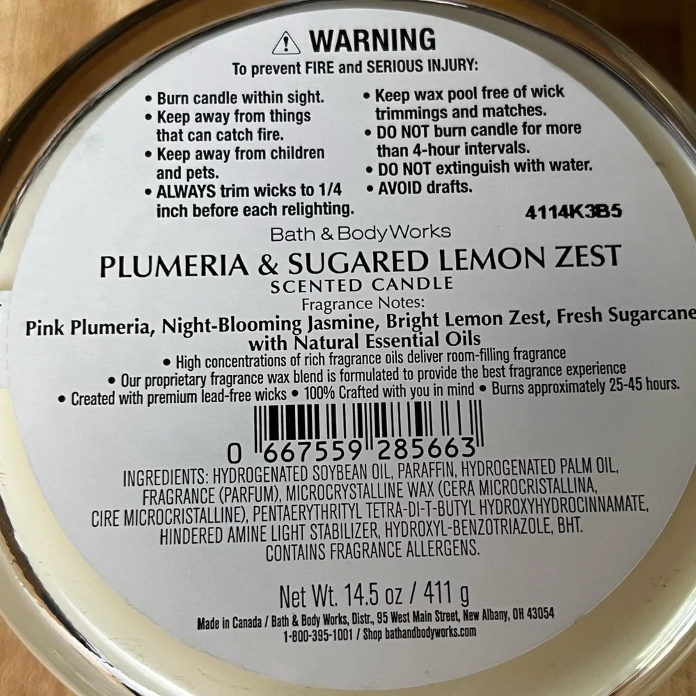 Bath & Body Works Plumeria + Sugared Lemon Zest 3- Wick Candle